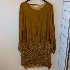 Bodil Women's Mustard Yellow Velvet Ruched Long Sleeve Lagenlook Artsy Dress